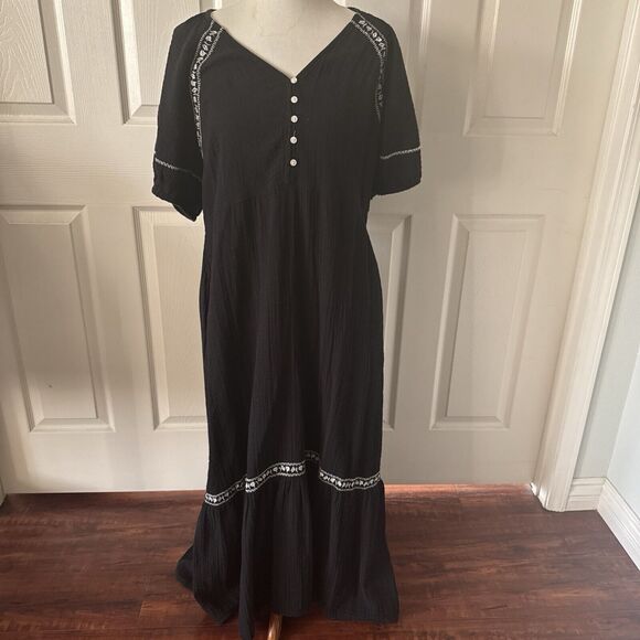 Old Navy Womens Boho Black Maxi Peasant Dress Sz L Dark Cottagecore Prairie - Picture 1 of 16